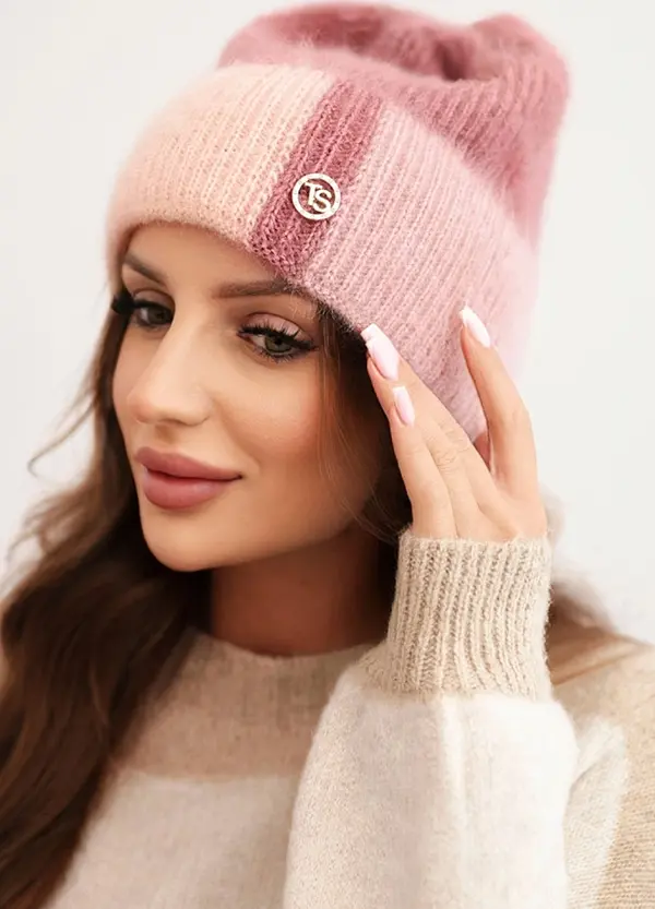 Polski Kesi Women's colorful viscose hat with a decorative button pink + powder pink