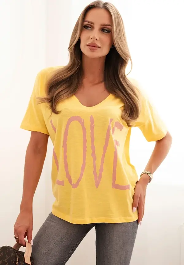 Kesi Kesi Women's cotton blouse with a V-neck and LOVE print yellow