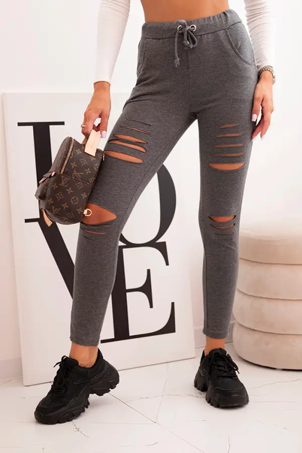 Kesi Kesi Women's cotton pants with distressed details and an elastic waistband graphite
