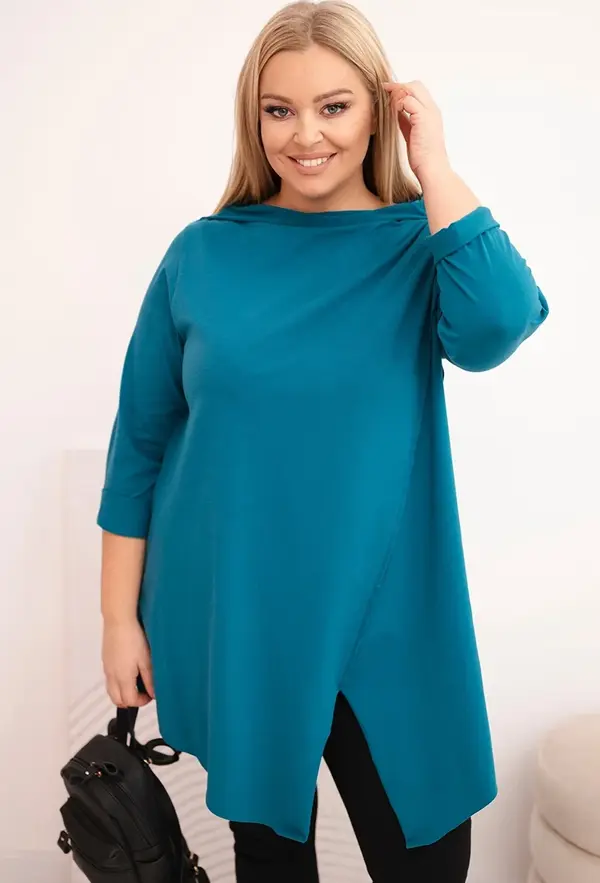 Kesi Włoski Kesi Women's cotton Plus Size asymmetric blouse with rolled sleeves teal