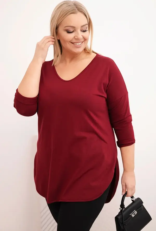 Kesi Kesi Women's cotton Plus Size blouse with a V-neck and rolled sleeves burgundy