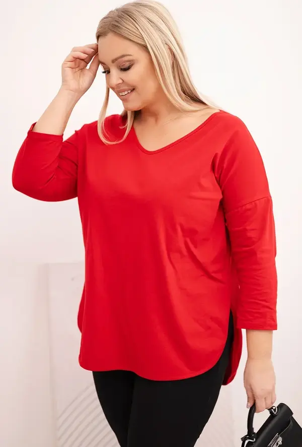 Kesi Kesi Women's cotton Plus Size blouse with a V-neck and rolled-up sleeves red