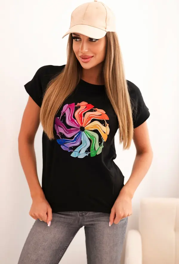 Kesi Kesi Women's cotton short-sleeve blouse with colorful print black