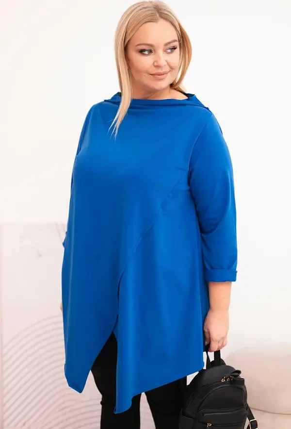 Kesi Włoski Kesi Women's plus size cotton asymmetric blouse with rolled sleeves blue