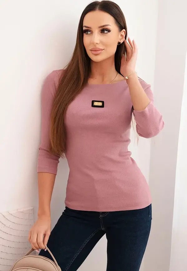 Kesi Kesi Women's ribbed blouse with 3/4 sleeves and decorative patch dark pink