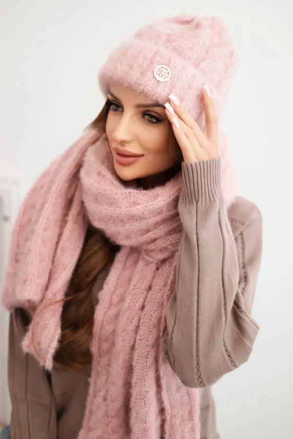 Polski Kesi Women's set hat and scarf ribbed with decoration dark powder pink