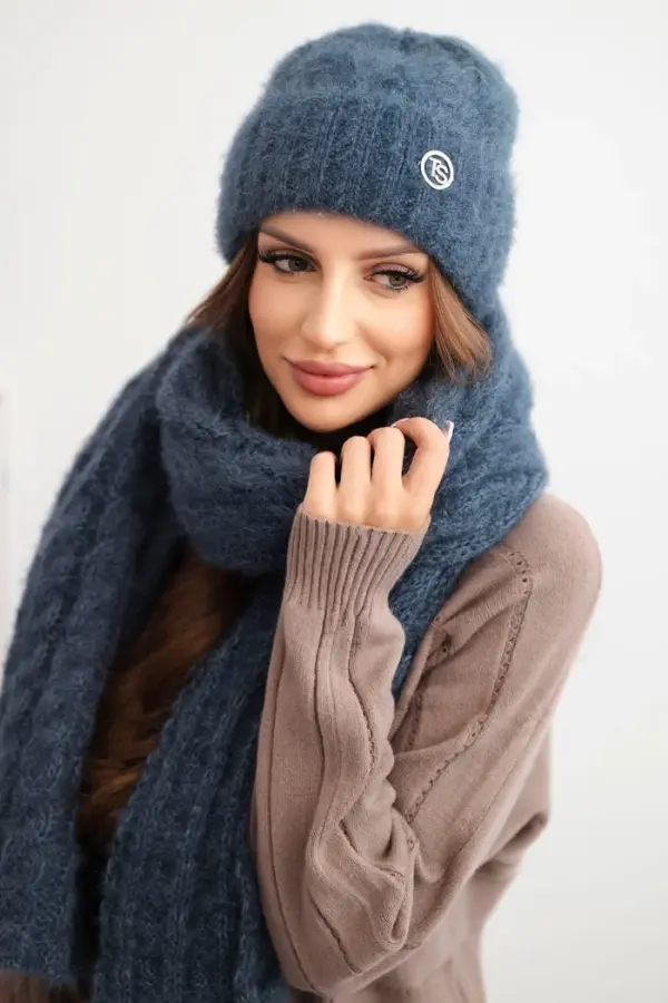 Polski Kesi Women's set hat and scarf ribbed with decoration denim