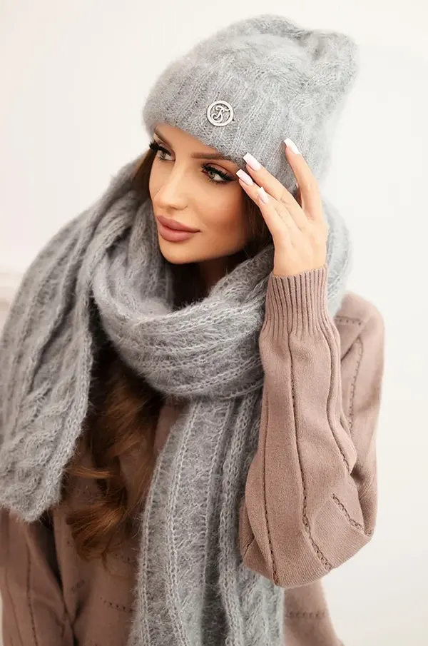 Polski Kesi Women's set hat and scarf ribbed with decoration gray