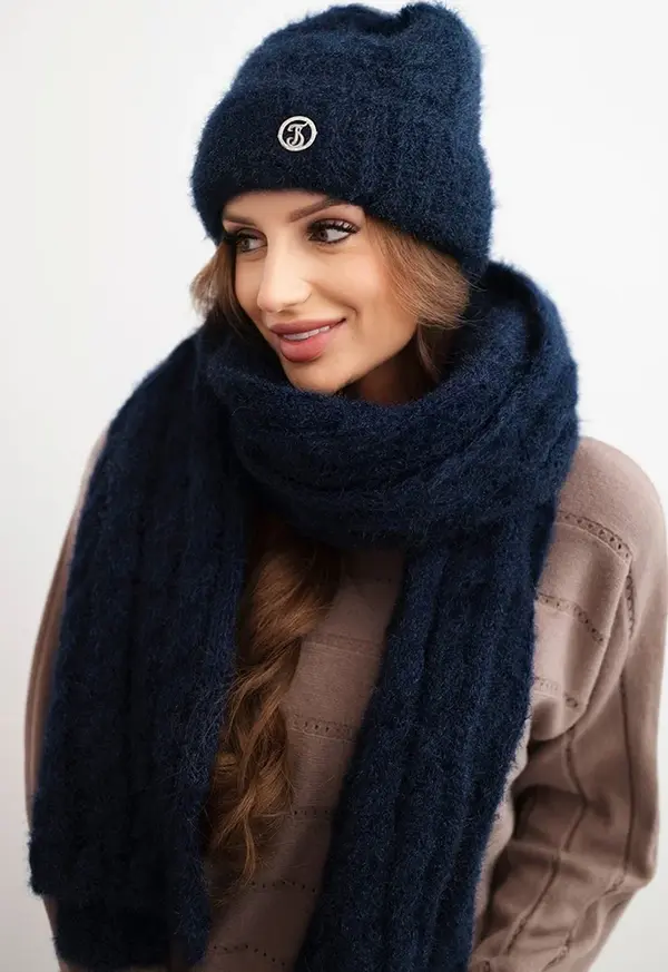 Polski Kesi Women's set hat and scarf ribbed with decoration navy blue