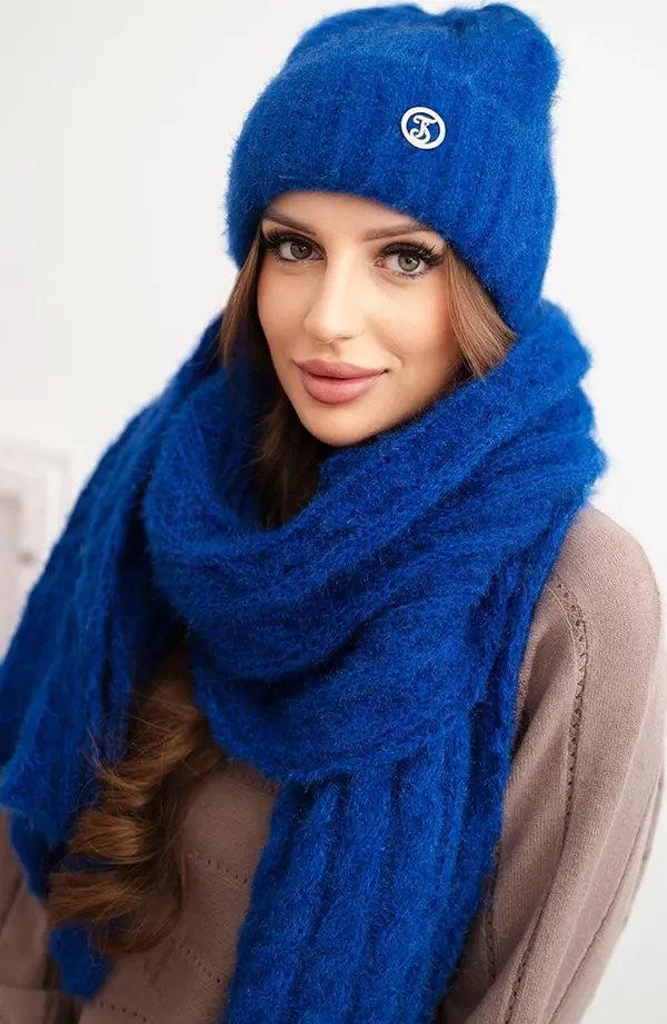 Polski Kesi Women's set hat and scarf with ribbing and decoration cornflower blue