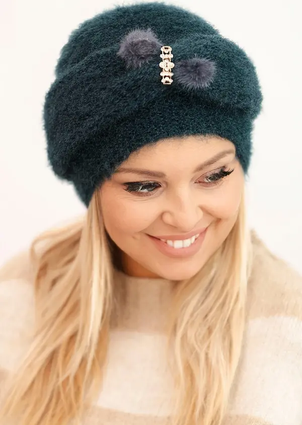 Polski Kesi Women's winter fluffy hat with decoration and fur teal