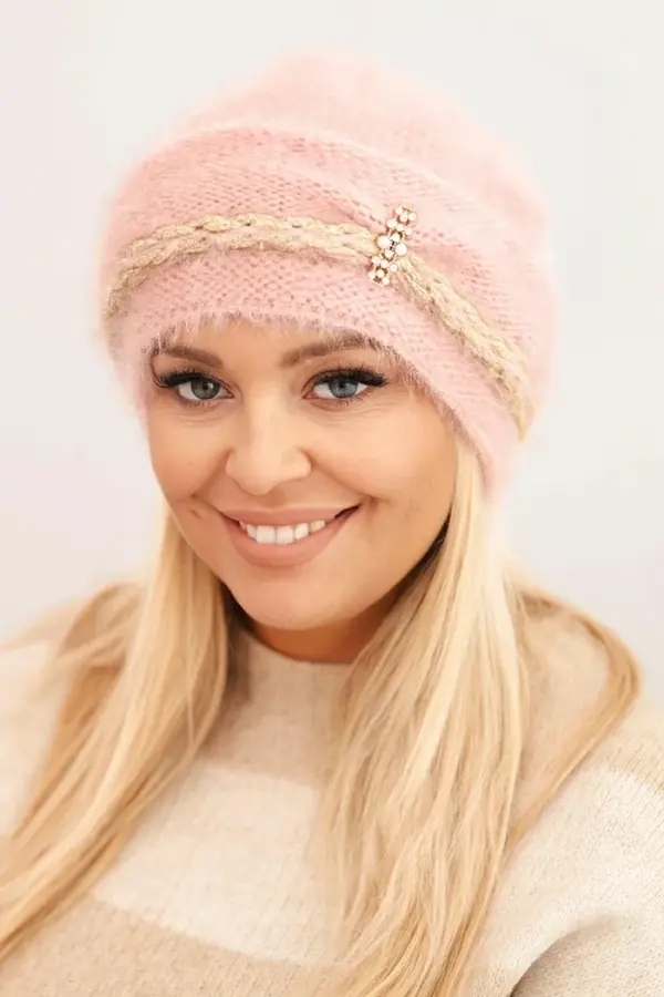 Polski Kesi Women's winter fluffy hat with pearls and decorative weave dark powder pink