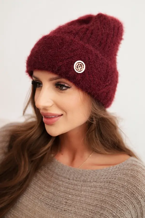 Polski Kesi Women's winter hat made of fluffy knit with an elegant button burgundy