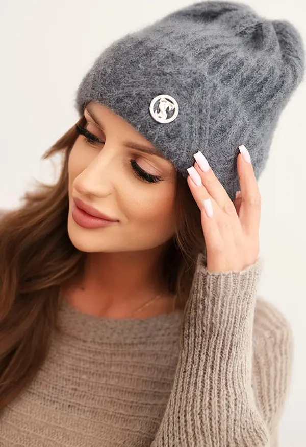Polski Kesi Women's winter hat made of fluffy knit with an elegant button dark gray