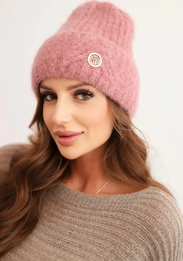 Polski Kesi Women's winter hat made of fluffy knit with an elegant button dark pink
