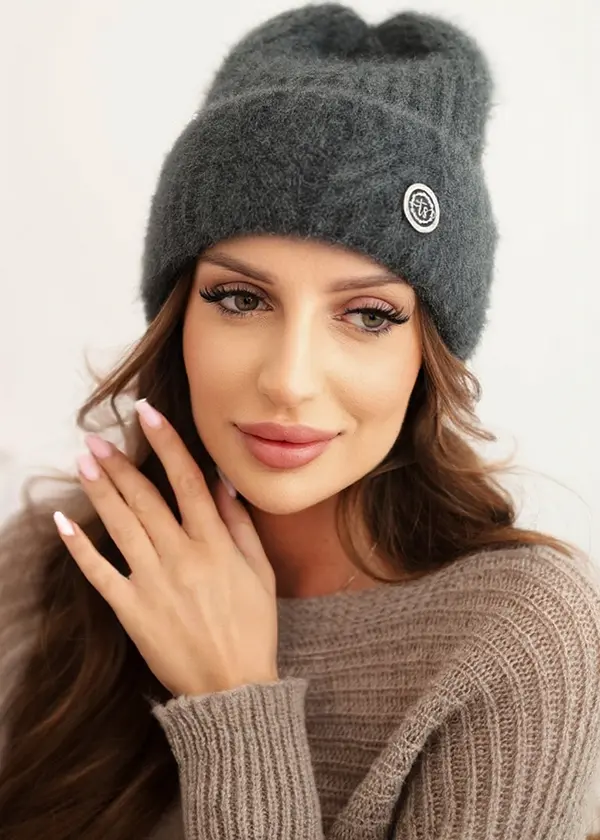 Polski Kesi Women's winter hat made of fluffy knit with an elegant button graphite
