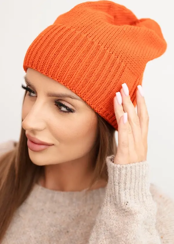 Kesi Kesi Women's winter hat made of wool with a classic ribbed knit K444 orange