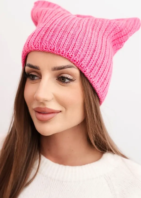 Kesi Kesi Women's winter hat with wool in a cat-style design made of ribbed knit K419 pink