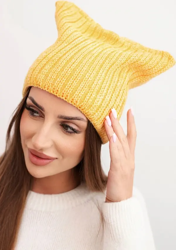 Kesi Kesi Women's winter hat with wool in a cat style made of ribbed knit K419 yellow