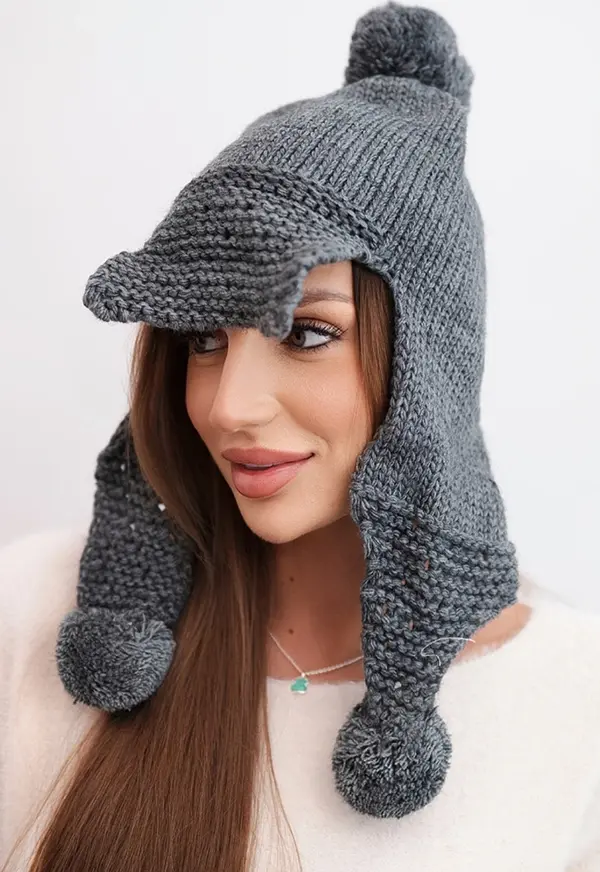Kesi Kesi Women's winter hat with wool, visor and pom poms K475 graphite