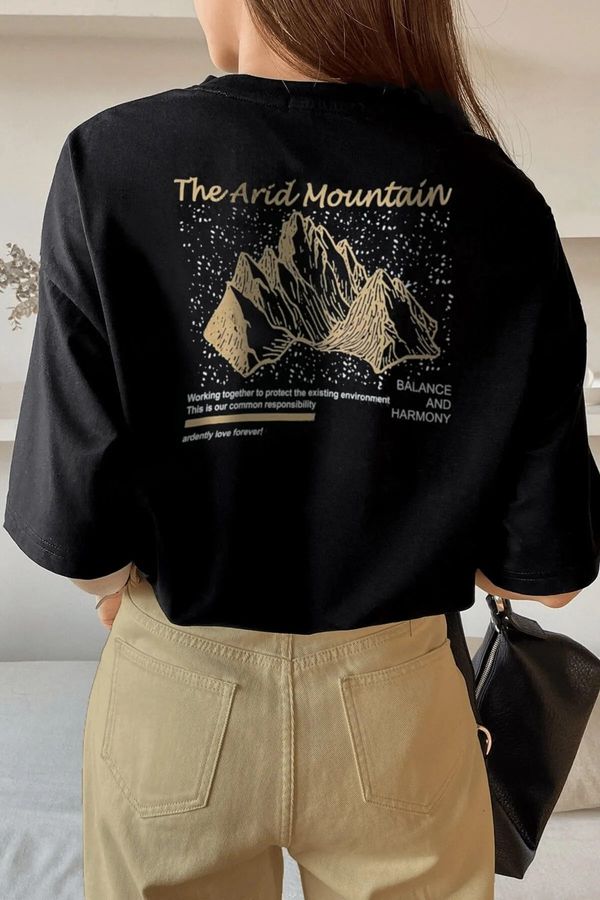 Know Know Women's Black Arid Mountain Printed Oversized T-shirt.