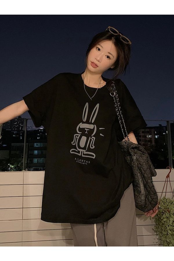 Know Know Women's Black Rabbit Print Oversized T-shirt