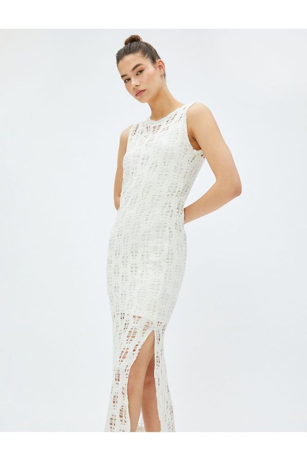 Koton Koton ажурна Midi рокля с цепки, без ръкави, екипажа врата подплатена.