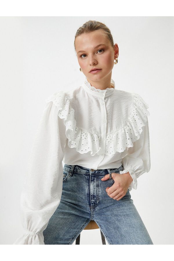 Koton Koton Balloon Sleeve Shirt with Scallop Ruffles and Buttons