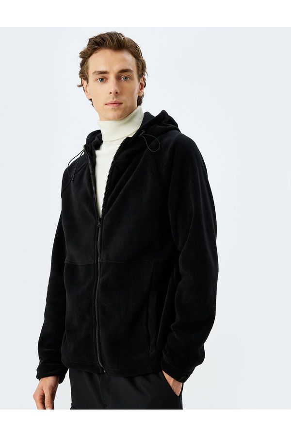 Koton Koton Basic Pocket Hooded Polar Fleece Cardigan with Zippered Stitching Detail