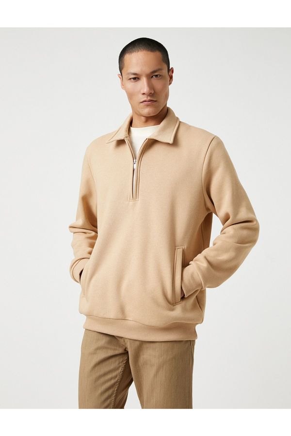 Koton Koton Basic Sweatshirt Standing Collar Half-Zip Long Sleeve with Pockets.
