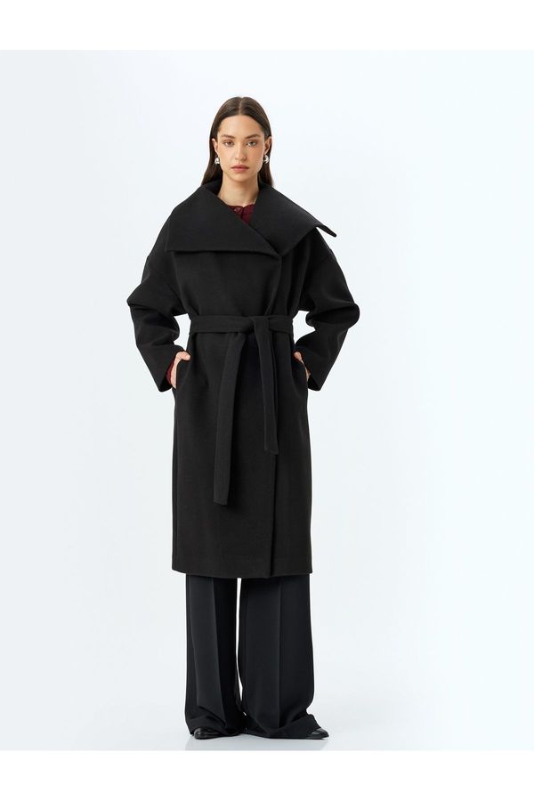 Koton Koton Belted Wide Shawl Collar Double Breasted Long Cashmere Coat