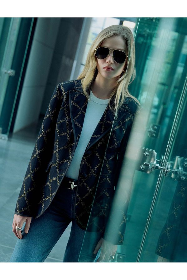 Koton Koton Blazer Jacket Shiny Patterned Double Breasted Buttoned Pockets