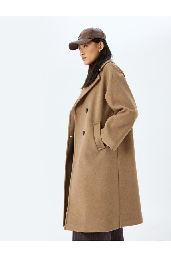 Koton Koton Buttoned Pocket Long Double Breasted Oversize Stamp Coat