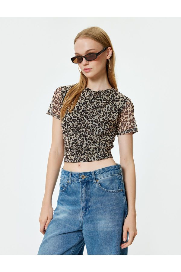 Koton Koton Chiffon Blouse Leopard Patterned Short Sleeve Gathered Crew Neck