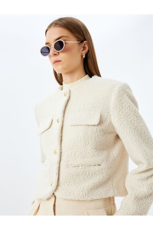 Koton Koton Collarless Crop Tweed Blazer Jacket with Flap Pocket Detail