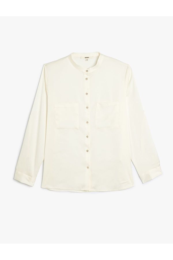 Koton Koton Collarless Satin Shirt Long Sleeve Applique Pocket Detail