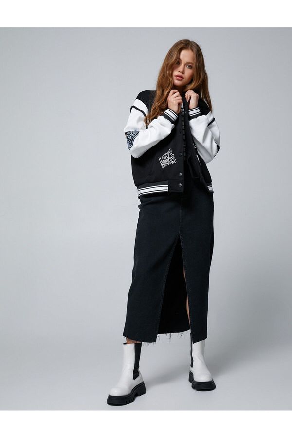 Koton Koton College яке извънгабаритни печатни, бродирани оребрени, джоб подробни.