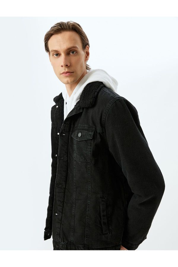 Koton Koton Cotton Flap Pocket Plush Collar Detailed Denim Jacket
