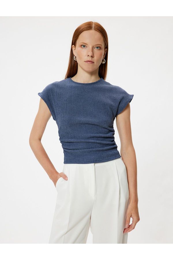 Koton Koton Crew Neck Slim Fit Textured Cap Sleeve T-Shirt