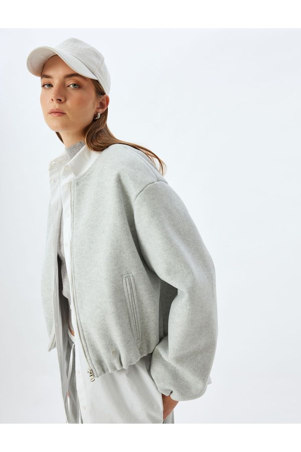 Koton Koton Crop Bomber Jacket Soft Texture Round Neck Pocket Lined