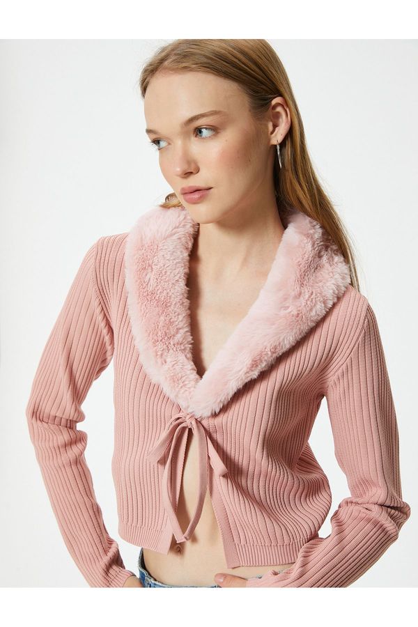 Koton Koton Crop Cardigan Collar with Faux Für Tie Detail Slim Fit