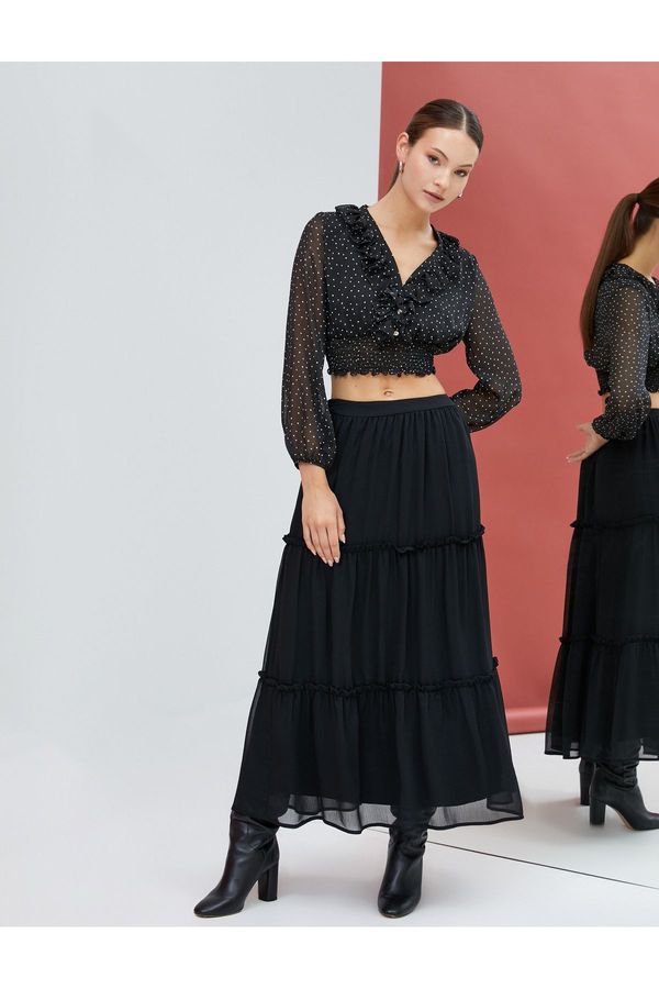 Koton Koton Crop Chiffon Blouse V-Neck Frilly Polka Dot Waist Gipped