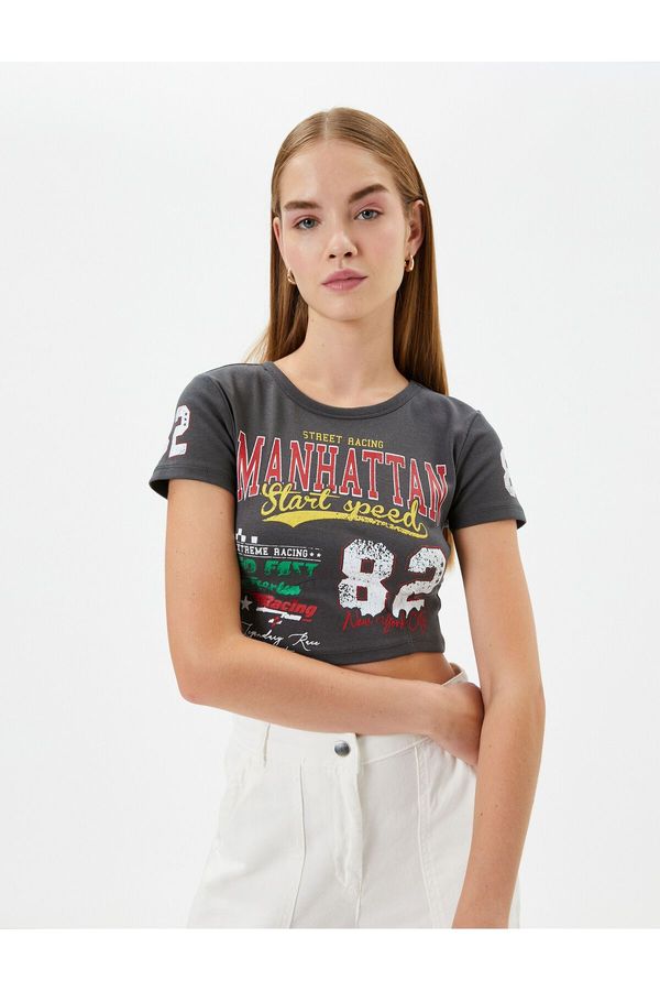 Koton Koton Crop College T-Shirt Short Sleeve Crew Neck Cotton