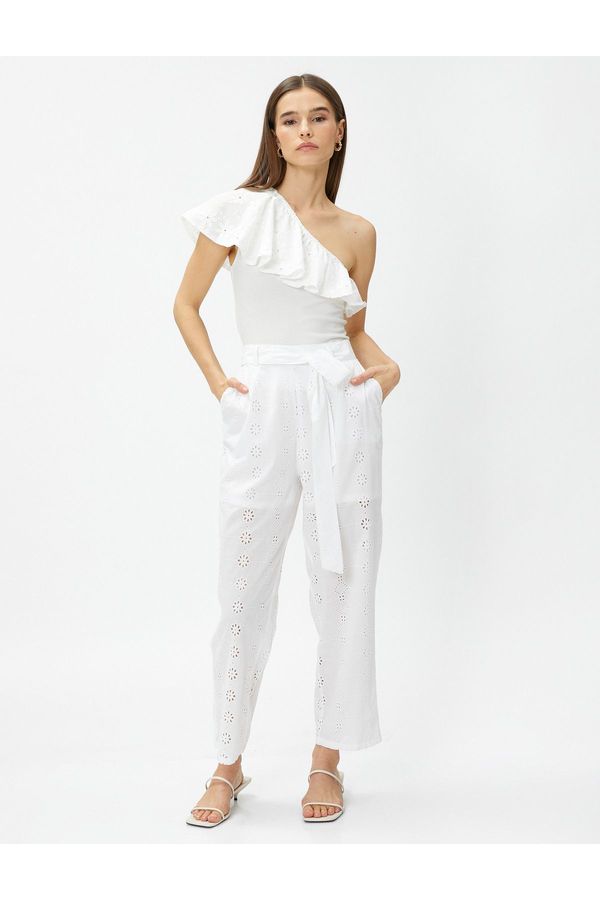 Koton Koton Crop Embroidery Trousers with Belt Detail
