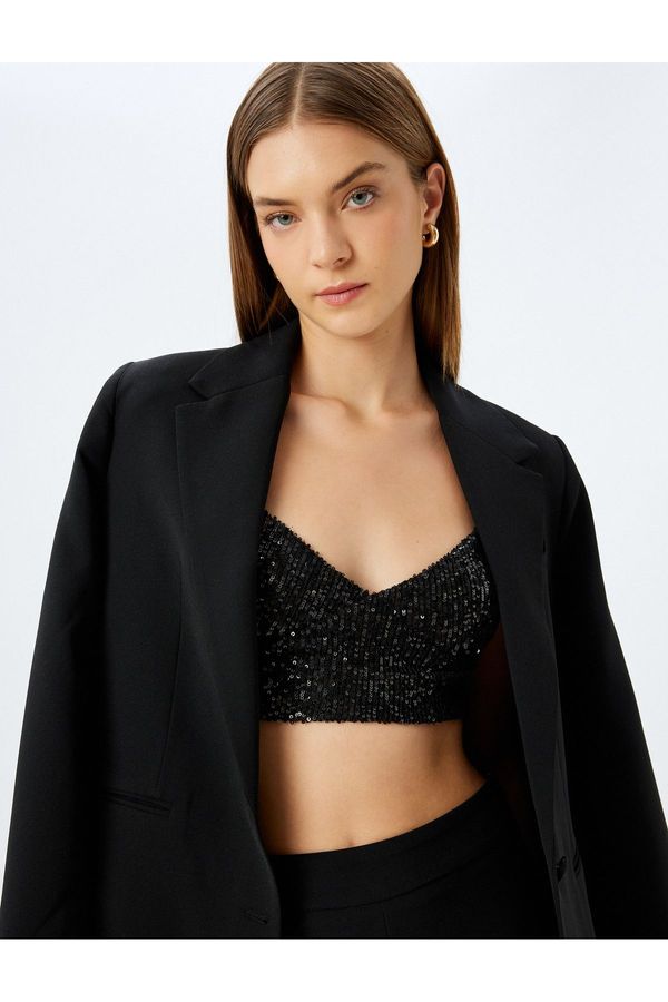 Koton Koton Crop Evening Blouse Sequined Rope Strap V Neck Slim Fit