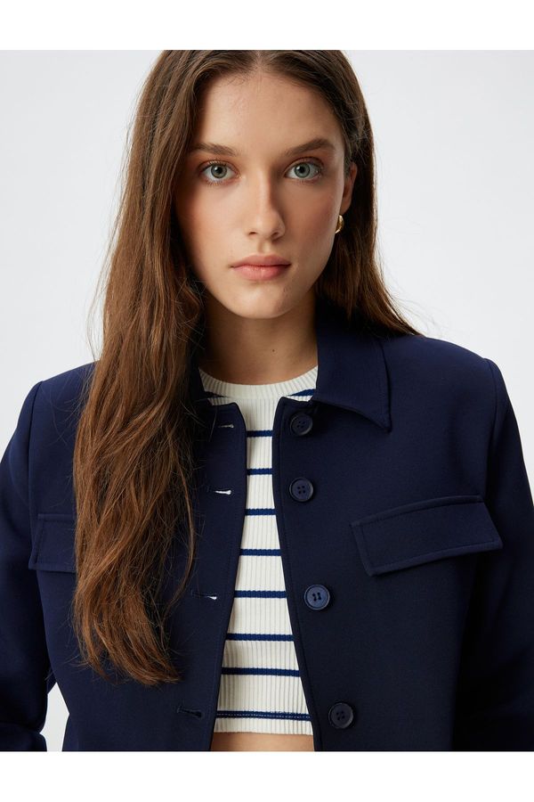 Koton Koton Crop Jacket with Buttoned Flap Pocket Detail