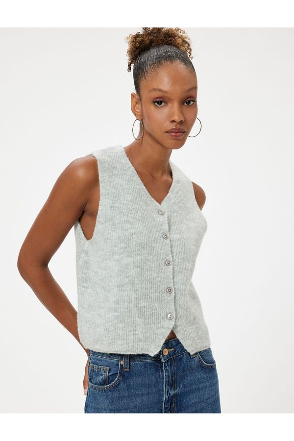 Koton Koton Crop Knit Vest Buttoned V Neck