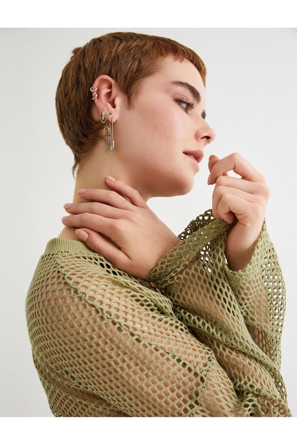 Koton Koton Crop Mesh T-Shirt Long Sleeve Crew Neck