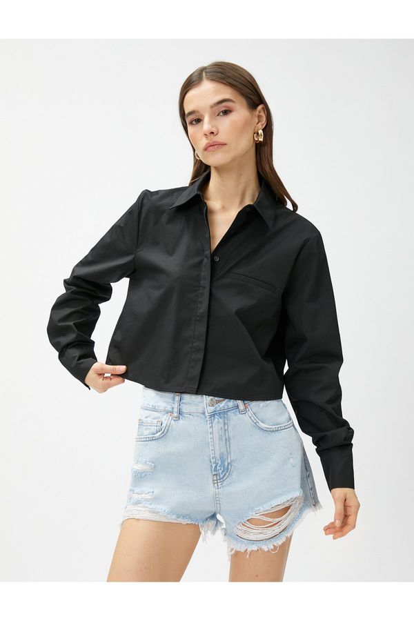 Koton Koton Crop Poplin Shirt Long Sleeved, Pocket Detailed
