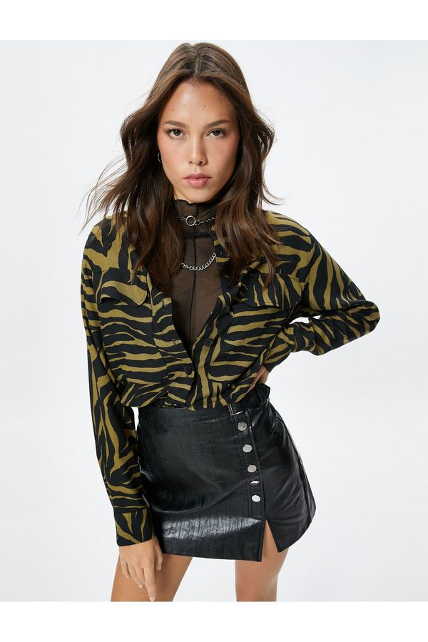 Koton Koton Crop Shirt Zebra Patterned Covered Long Sleeve with Pockets and Buttons
